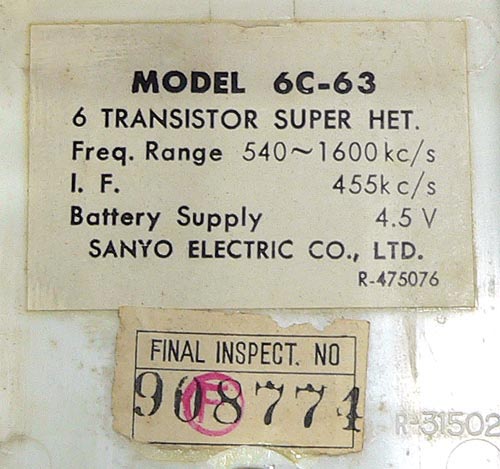 SANYO MODEL 6C-63 AM RADIO