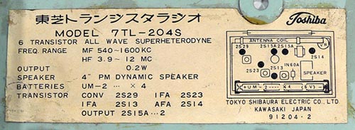 Toshiba MODEL 7TL-204S BC/SW 2BAND RADIO