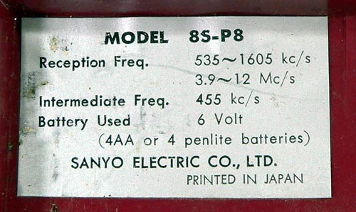 SANYO MODEL 8S-P8 MW/SW 2BAND RADIO