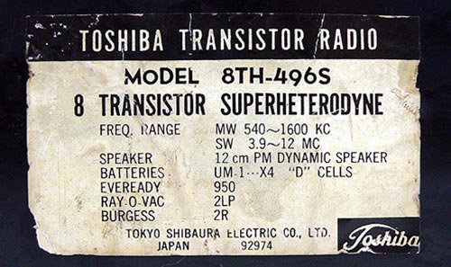 TOSHIBA MODEL 8TH-496S MW/SW 2BAND RADIO