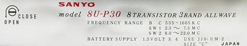 SANYO MODEL 8U-P30 BC/SW1/SW2 3BAND RADIO