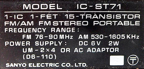 SANYO MODEL IC-ST71 AM/FM ST/FM RADIO
