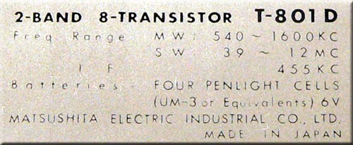 NATIONAL PANASONIC MODEL T-801D SW/MW 2BAND RADIO