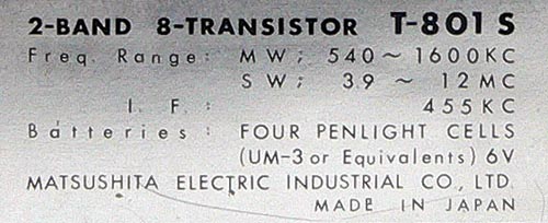 NATIONAL PANASONIC T-801S MW/SW 2BAND RADIO