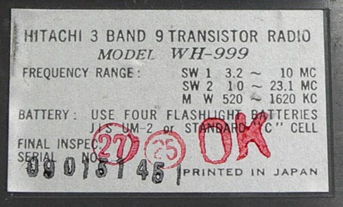 HITACHI MODEL WH-999 MW/SW1/SW2 3BAND RADIO
